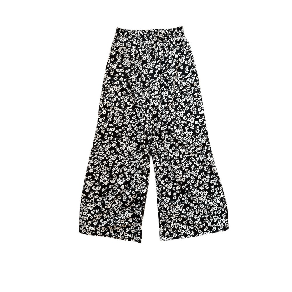 Womens Wide Leg Pull On Casual‎ Pants Size Medium Black White Floral High Rise